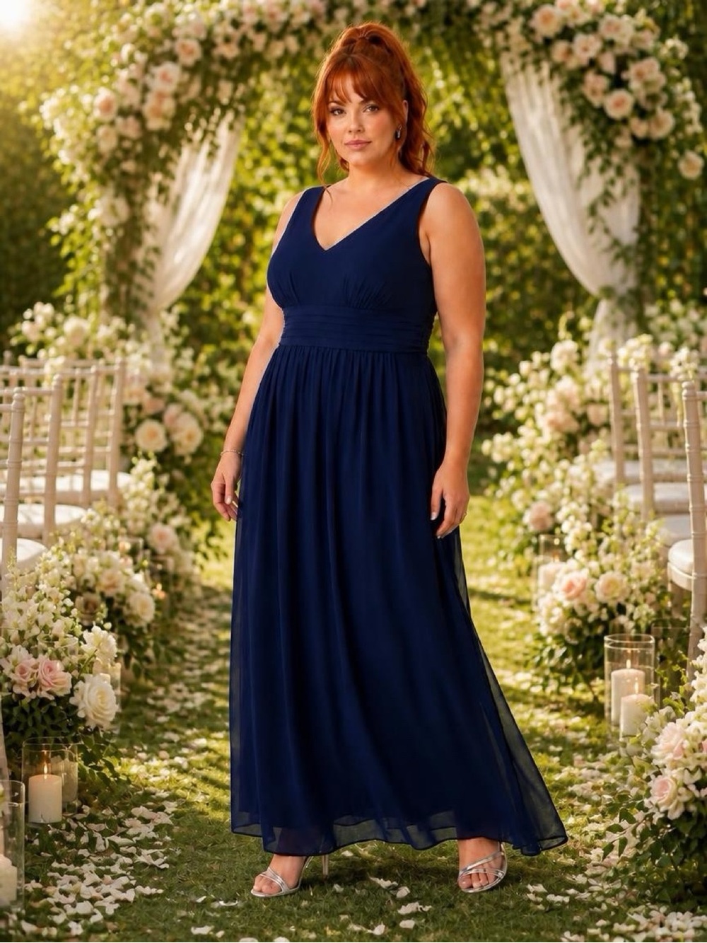 Sleeveless V-Neck Navy Chiffon Prom Dress